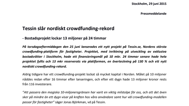 Tessin slår nordiskt crowdfunding-rekord - Bostadsprojekt lockar 13 miljoner på 24 timmar