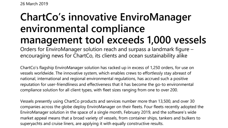 ChartCo’s Innovative EnviroManager Environmental Compliance Management Tool Exceeds 1,000 Vessels 