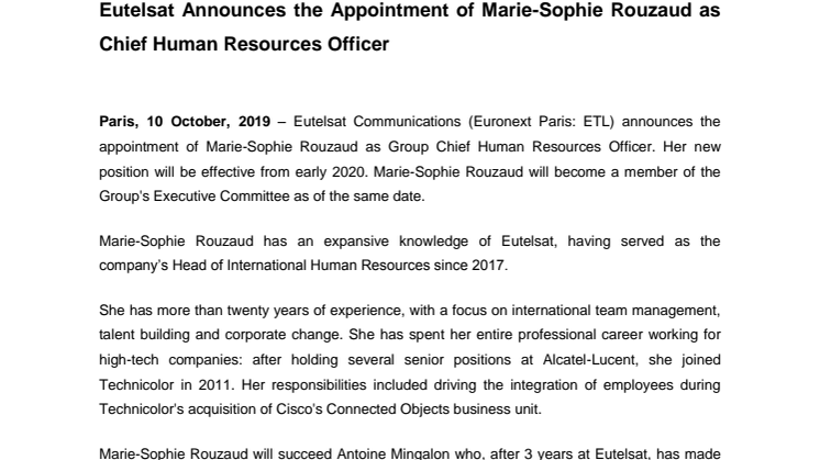 Eutelsat Announces the Appointment of Marie-Sophie Rouzaud as Chief Human Resources Officer