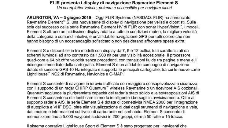 FLIR presenta i display di navigazione Raymarine Element S