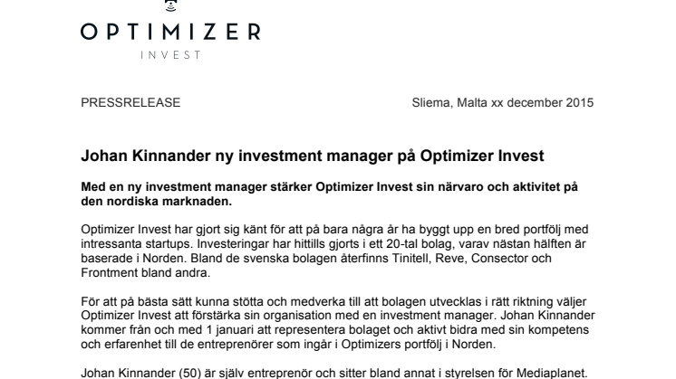 Johan Kinnander ny investment manager på Optimizer Invest