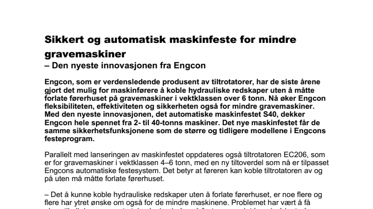 160621_Press_Sikkert og automatisk maskinfeste for mindre gravemaskiner