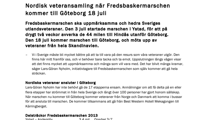 Nordisk veteransamling när Fredsbaskermarschen kommer till Göteborg 18 juli