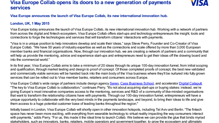 Visa Europe Collab opens its doors to a new generation of payments services