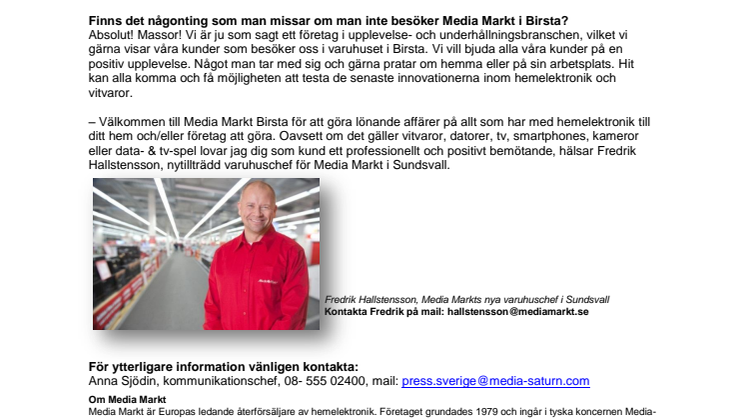 Media Markt välkomnar Fredrik Hallstensson som ny varuhuschef i Birsta!