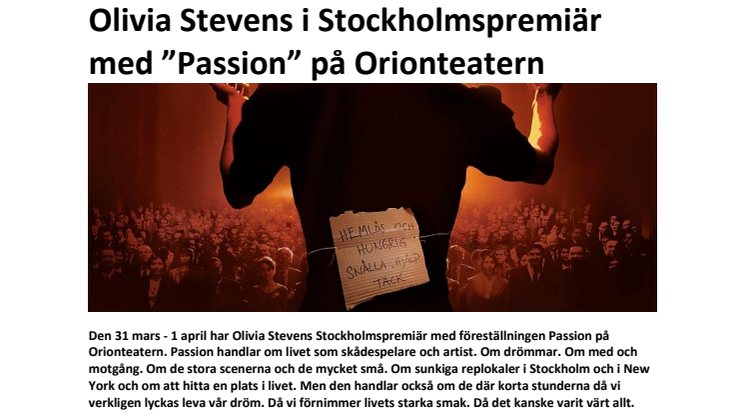 Olivia Stevens i Stockholmspremiär med ”Passion” på Orionteatern
