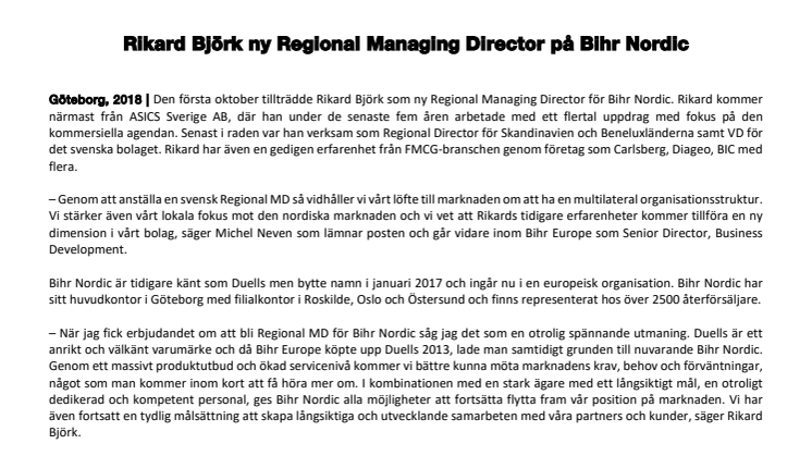 Rikard Björk ny Regional Managing Director på Bihr Nordic