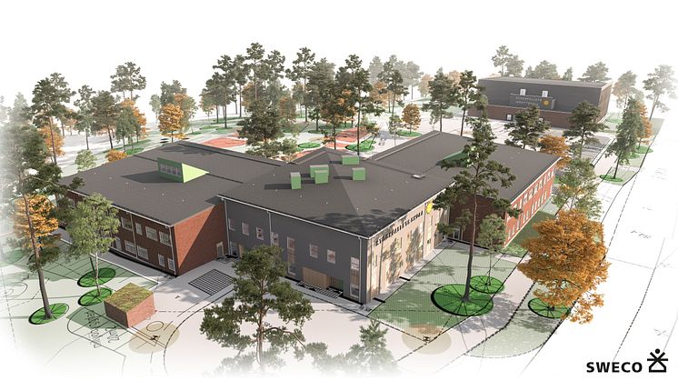 Nya Stockfallet skola i Karlstad består av tre sammanhängande huskroppar. Där till stora delar limträ ersatt en traditionell stålstomme. Bild: Karlstads kommun/Sweco 
