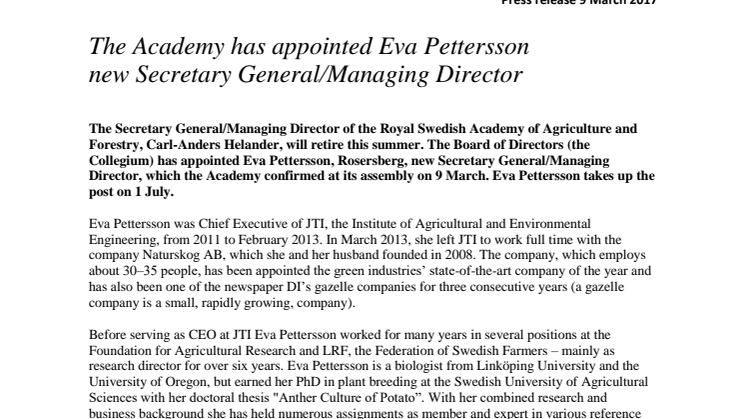 The Academy has appointed Eva Pettersson new Secretary General/Managing Director