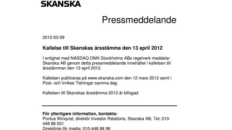 Kallelse till Skanskas årsstämma den 13 april 2012