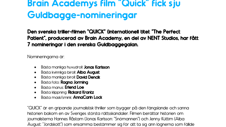 Brain Academys film ”Quick” fick sju Guldbagge-nomineringar