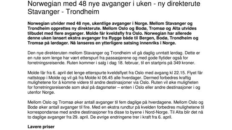 Norwegian med 48 nye avganger i uken - ny direkterute Stavanger - Trondheim