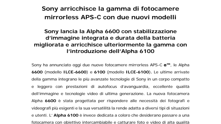 Sony arricchisce la gamma di fotocamere mirrorless APS-C con due nuovi modelli