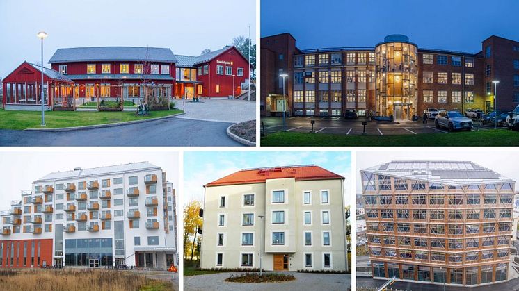 Uppe från vänster: Hovsta församlingshem, Gullvivan - tillbyggt trapphus. Nere från vänster:  Immanuelskyrkan, kyrka med bostäder ovanpå, flerbostadshuset Hägern i lantligt läge samt kontorshuset i korsningen.