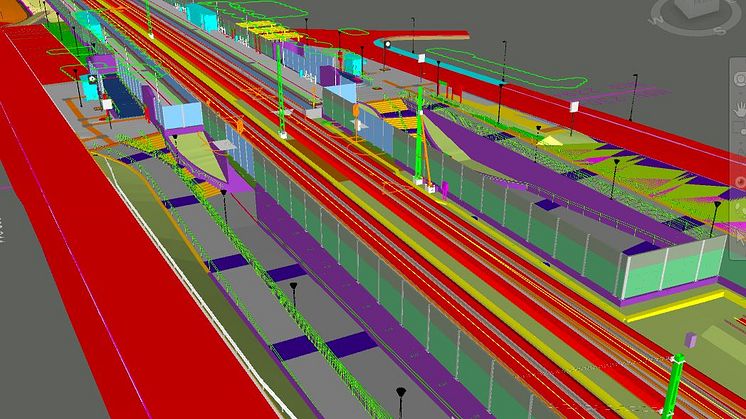 Kattarps station utmed Västkustbanan. Bro och stödmurar längs järnvägen, samt bullerskyddsåtgärder. Modell i Tekla Structures.