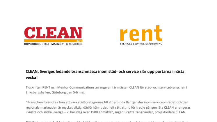 CLEAN: Sveriges ledande branschmässa inom städ- och service slår upp portarna i nästa vecka!