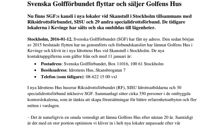 Svenska Golfförbundet flyttar och säljer Golfens Hus