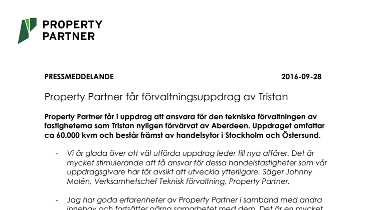 Property Partner får förvaltningsuppdrag av Tristan