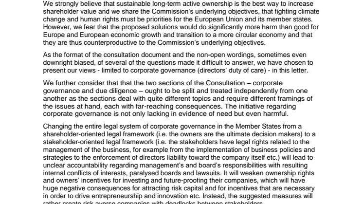 Consultation Proposal for an Initiative on Sustainable Corporate Governance