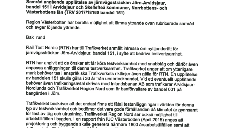 Region Västerbotten positiv till tågtestbana Jörn-Arvidsjaur
