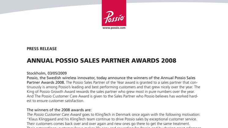 ANNUAL POSSIO SALES PARTNER AWARDS 2008