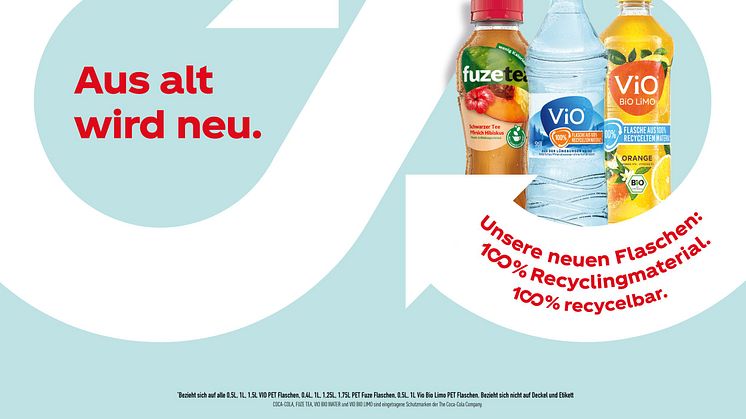 Alle PET-Einweg-Verpackungen bis einschließlich 0,5 Liter von Coca-Cola, Fanta, Sprite, mezzo mix sowie alle PET-Einweg-Flaschen von ViO, Fuze Tea und Powerade ab sofort aus 100% recyceltem Material