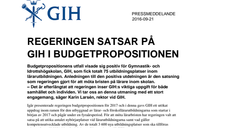 Regeringen satsar på GIH i budgetpropositionen