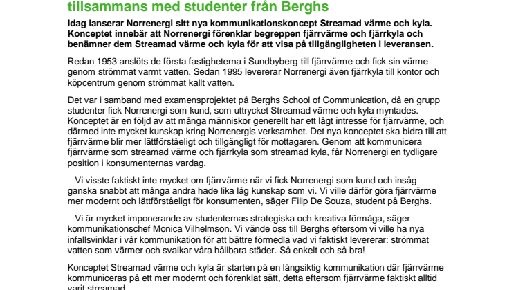 Norrenergi lanserar konceptet Streamad värme och kyla tillsammans med studenter från Berghs 