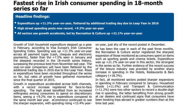 Visa Europe's Irish Consumer Spending Index - 7 March 2016
