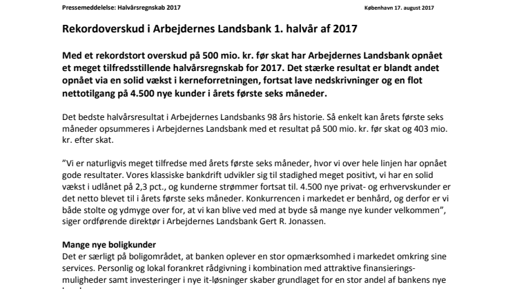 Rekordoverskud i Arbejdernes Landsbank 1. halvår af 2017