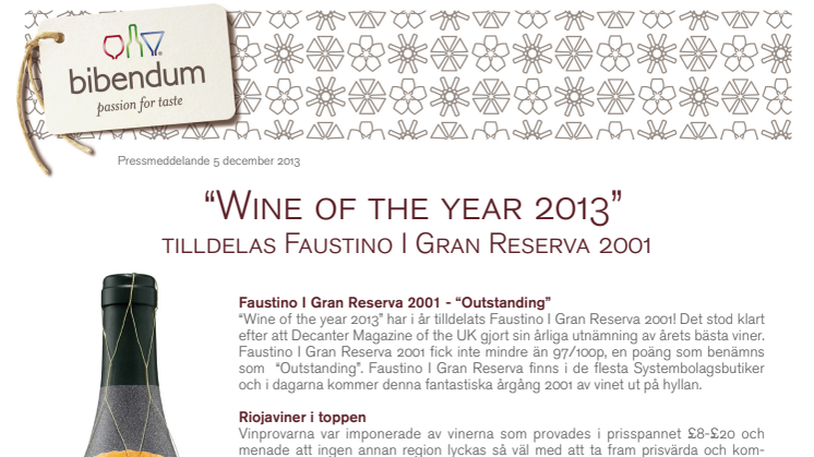 “Wine of the year 2013” tilldelas Faustino I Gran Reserva 2001!