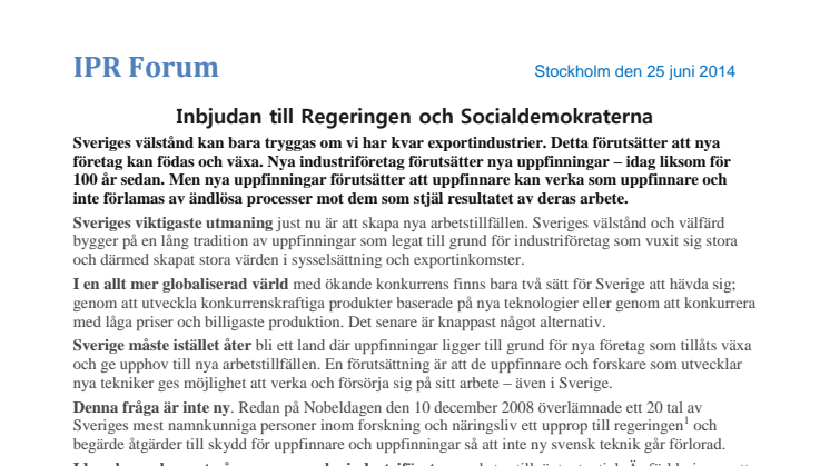 Uppfinnaruppropet i Almedalen 2014: Inbjudan till Regeringen och Socialdemokraterna