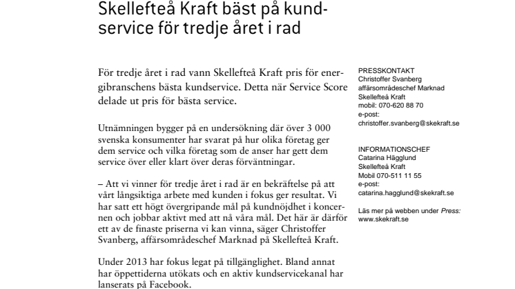 Skellefteå Kraft bäst på kundservice för tredje året i rad