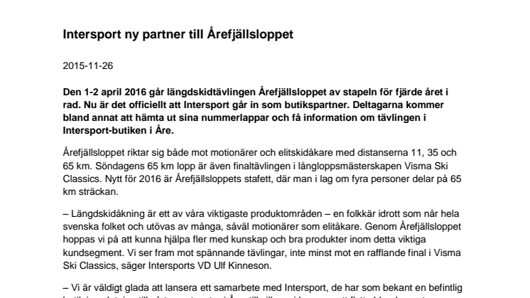 Intersport ny partner till Årefjällsloppet