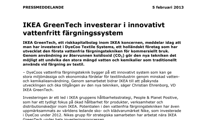 IKEA GreenTech investerar i innovativt vattenfritt färgningssystem