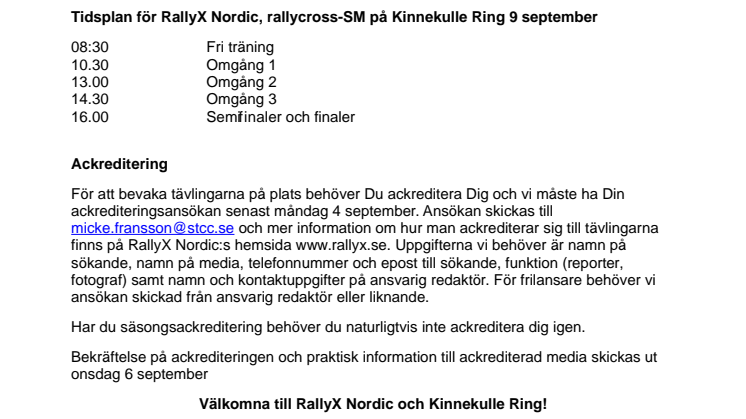 Mediainbjudan till RallyX Nordic Kinnekulle Ring 9 september