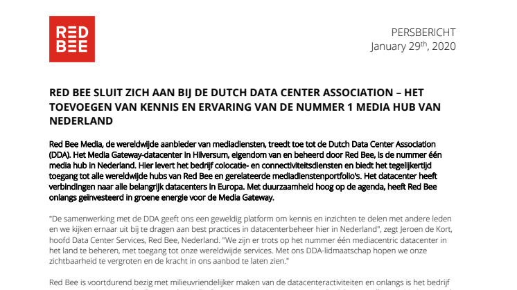 Red Bee Sluit Zich Aan Bij De Dutch Data Center Association - Het Toevoegen Van Kennis En Ervaring Van De Nummer 1 Media Hub Van Nederland