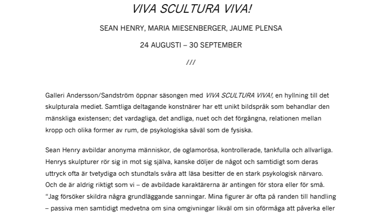 Pressmeddelande GALLERI ANDERSSON/SANDSTRÖM - VIVA SCULTURA VIVA!