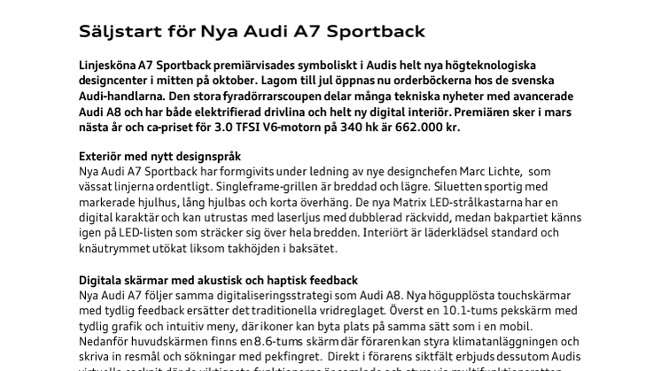 Säljstart för Nya Audi A7 Sportback