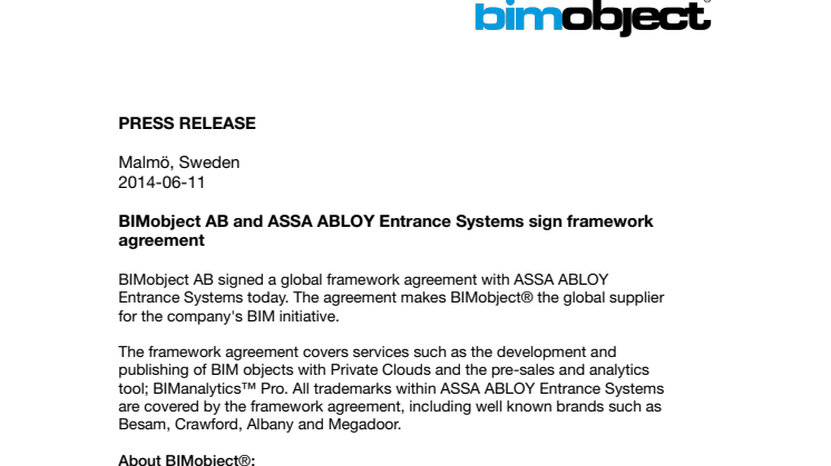 BIMobject AB and ASSA ABLOY Entrance Systems sign framework agreement