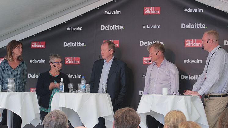 Maria Borelius, journalist och entreprenör, Maud Olofsson, styrelseproffs, Leif Östling, ordförande på Svenskt Näringsliv och Johan Bygge, ordförande EQT Asien i panelen hos Deloitte och Affärsvärlden i Almedalen.