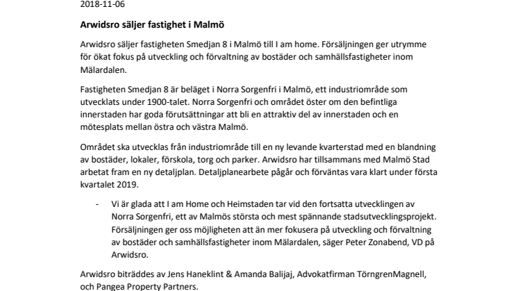 Arwidsro säljer fastighet i Malmö