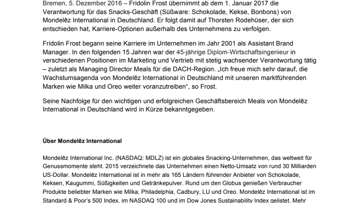 Neuer Managing Director Snacks Mondelēz International in Deutschland