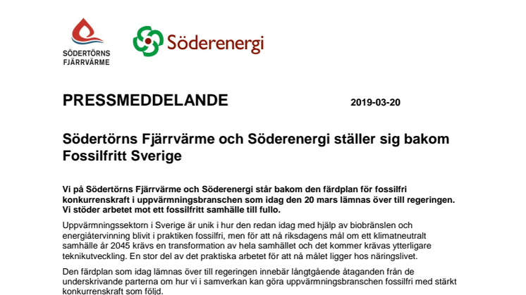 Södertörns Fjärrvärme och Söderenergi ställer sig bakom Fossilfritt Sverige