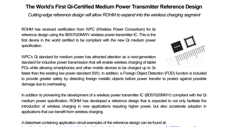 The World’s First Qi-Certified Medium Power Transmitter Reference Design --Cutting-edge reference design will allow ROHM to expand into the wireless charging segment