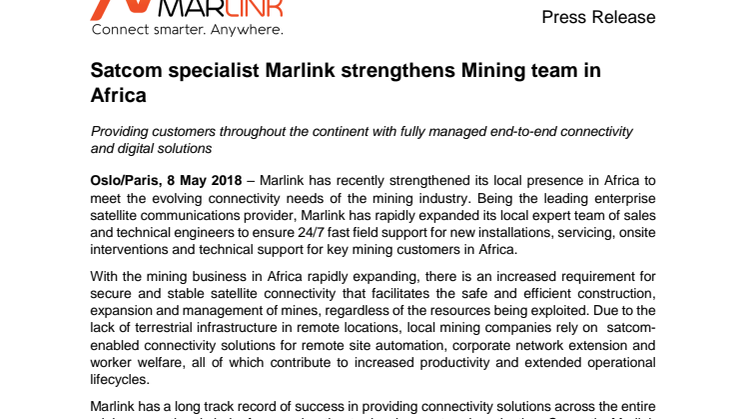 Satcom specialist Marlink strengthens Mining team in Africa 