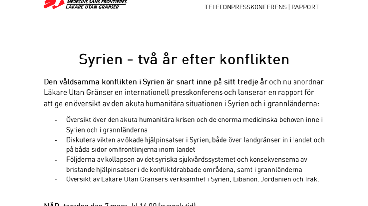 TELEFONPRESSKONFERENS: Syrien - två år efter konflikten