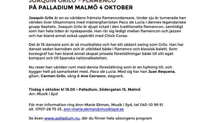 Joaquín Grill – världens främsta flamencodansare – på Palladium Malmö  4 oktober