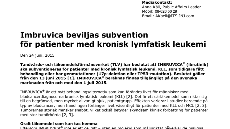 Imbruvica beviljas subvention för patienter med kronisk lymfatisk leukemi