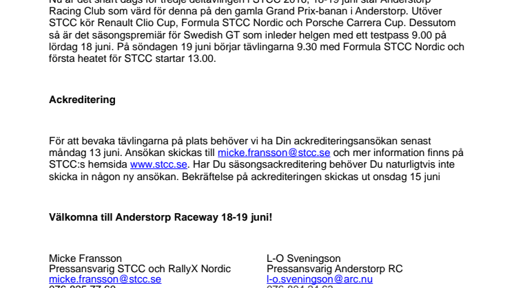 Mediainbjudan till tredje deltävlingen i STCC Anderstorp 18-19 juni
